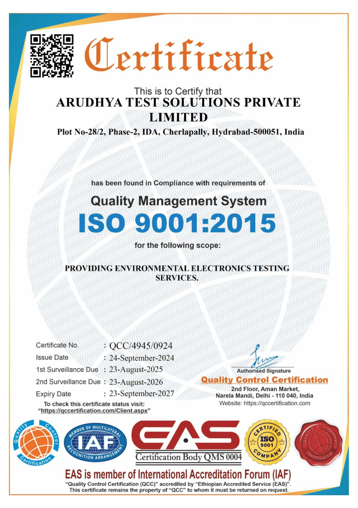 NABL Certificate of Accreditation TC-15395 — Arudhya Test Solutions Private Limited