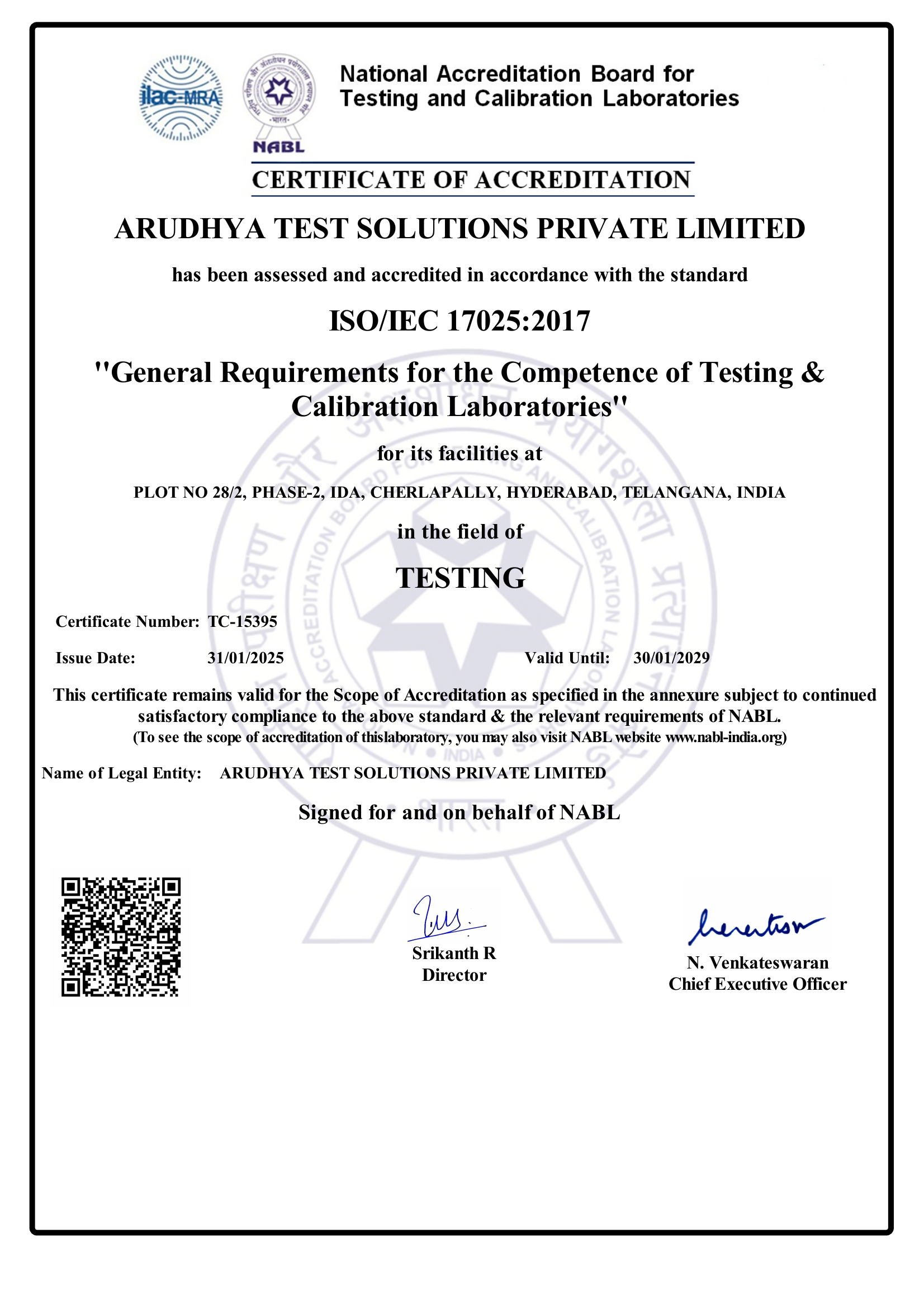 NABL Certificate of Accreditation TC-15395 — Arudhya Test Solutions Private Limited